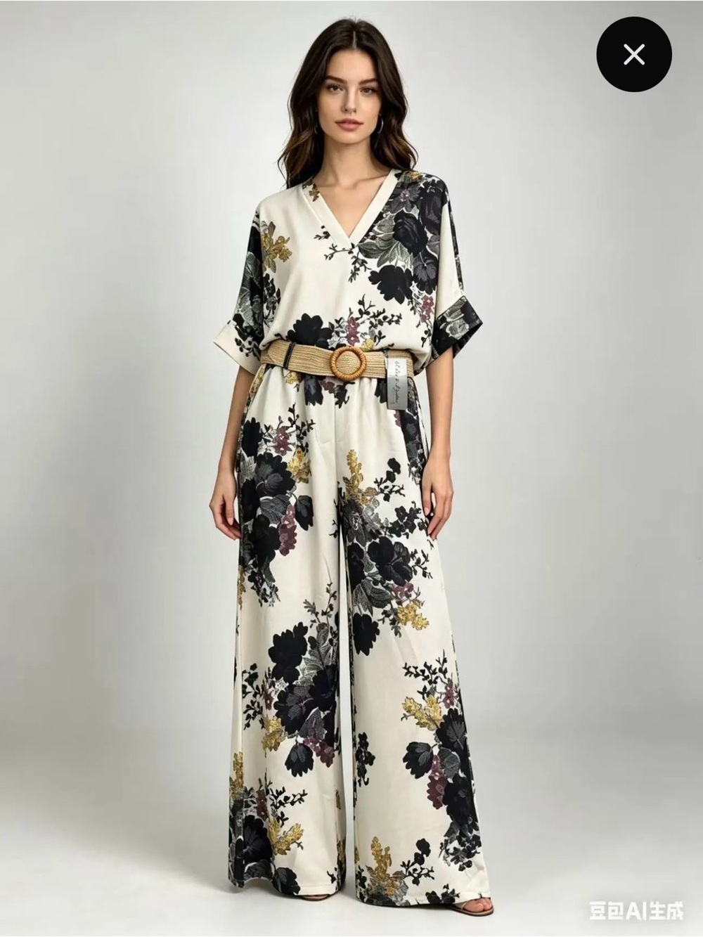 Floral V-Neck Wide-Leg Jumpsuit in Ivory